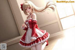 A girl in a red and white dress is posing for a picture.