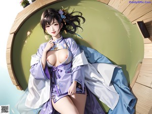 A woman in a blue kimono sitting on a bed.