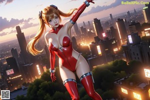 A woman in a red bikini and red gloves posing for a picture.