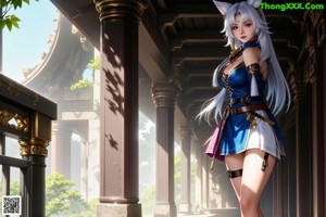 A woman in a blue dress with long white hair.