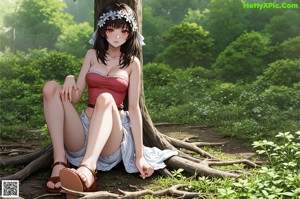 A woman sitting on a tree trunk in a park.