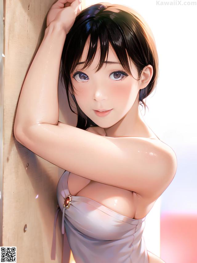 A woman in a bathing suit leaning against a wall.