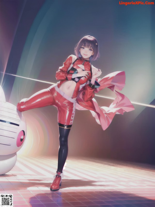 A woman in a red and black outfit standing next to a robot.