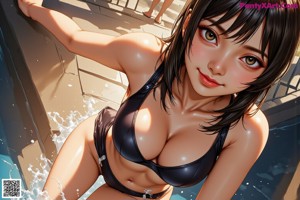 A woman in a bathing suit standing next to a swimming pool.