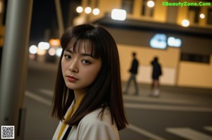 A woman standing in the middle of a city street at night.