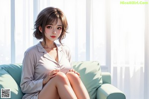 A woman sitting on a bed in a white bikini.