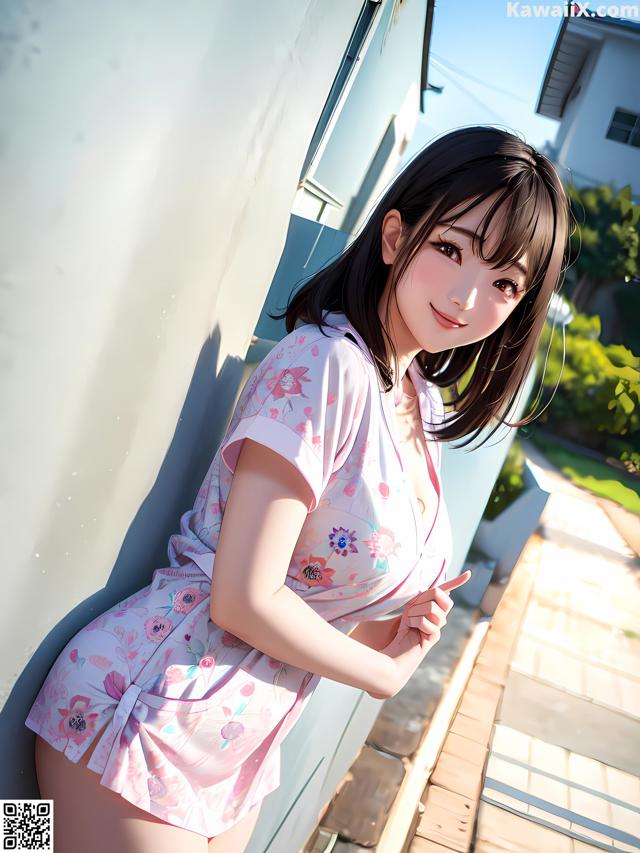 A woman in a pink dress leaning against a wall.