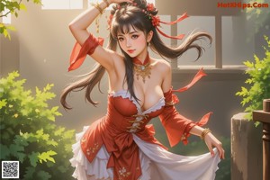 A woman in a red and white dress sitting on a window sill.