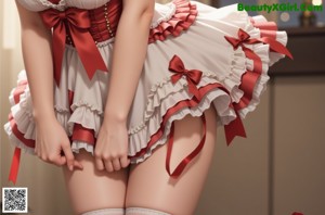 A girl in a dress with a red bow on her head.