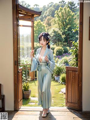 A woman in a green robe sitting on a bed.