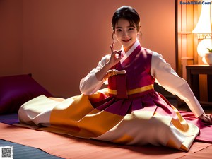 A woman in a pink and gold hanbok poses for a picture.