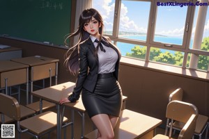 A woman in a white suit standing in front of a blackboard.