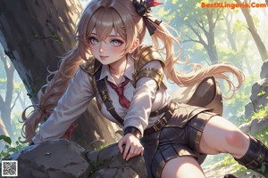 A woman sitting on a log in the woods.