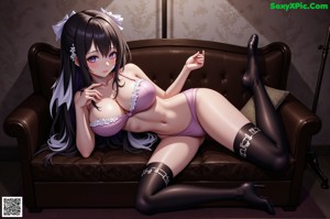 A naked anime girl with long blue hair is posing naked on a bed.