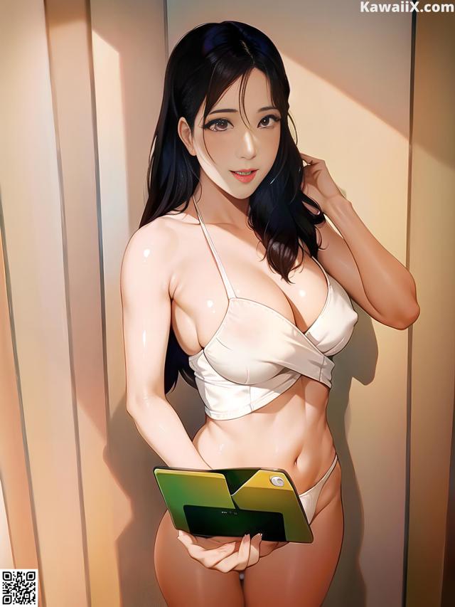 A woman in a white bikini holding a tablet computer.