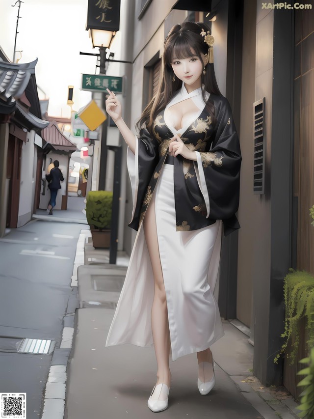 A woman in a black and white kimono walking down a street.