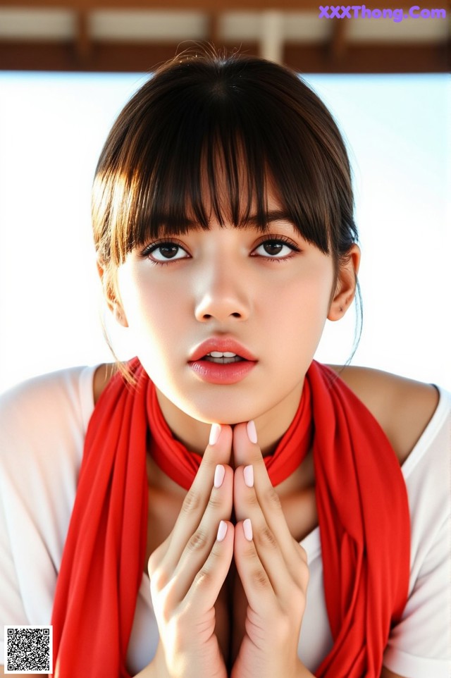 A woman wearing a red scarf and a white shirt.