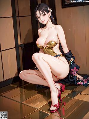 A woman in a white lingerie sitting on a bed.