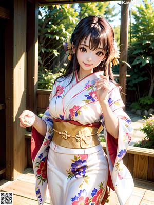 A woman in a pink kimono standing in front of a window.