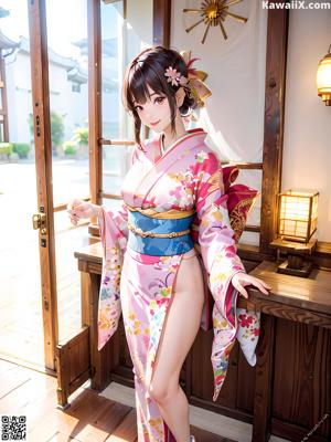 A woman in a kimono standing on a wooden deck.