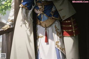 A woman in a white and blue outfit standing in front of a window.