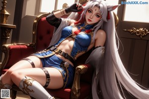 A woman in a blue and white outfit holding a sword.