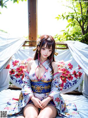 A woman in a blue and white kimono posing for a picture.