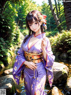 A woman in a blue and white kimono posing for a picture.