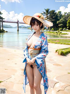 A woman in a kimono sitting on a bed.