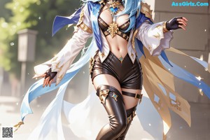A woman with blue hair wearing a black and white outfit.