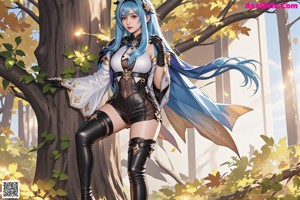 A woman with long blue hair wearing a black and white outfit.