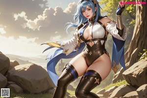 A woman with long blue hair wearing a black and white outfit.