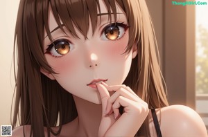 A naked anime girl sitting on a bed wearing bunny ears.
