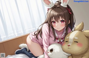 Anime girl with pink hair and bunny ears sitting on the floor.