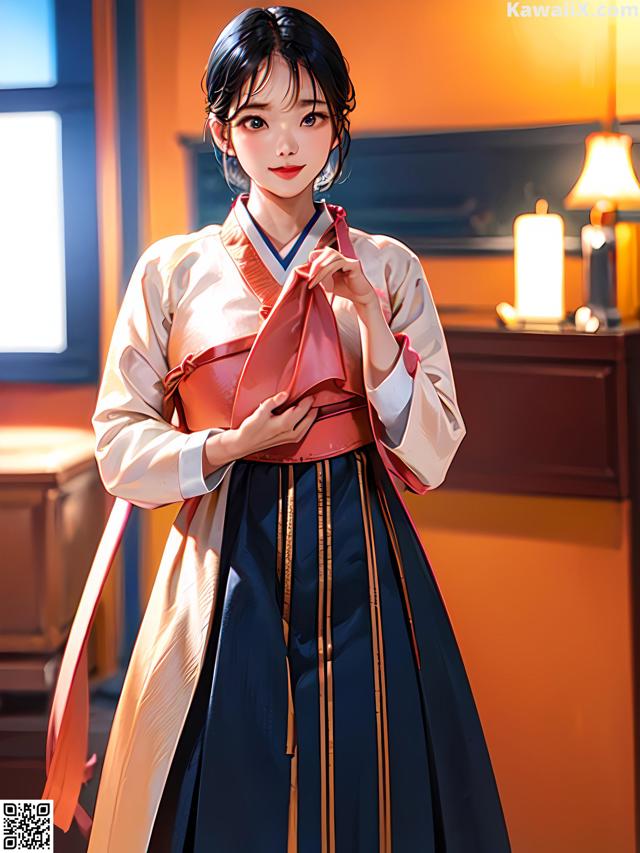 A woman in a blue and white hanbok standing in a room.