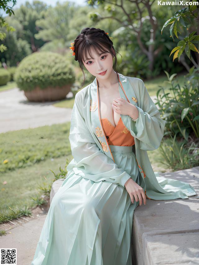 A woman in a green and orange dress sitting on a stone wall.