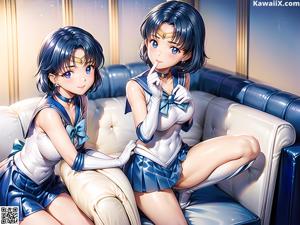 A girl in a sailor outfit holding a finger to her lips.