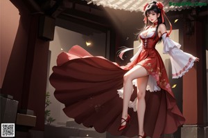 A woman in a red and white dress standing in front of a door.