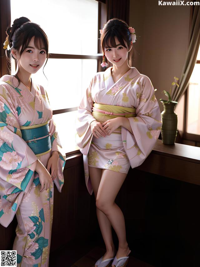 A woman in a pink kimono standing next to a window.