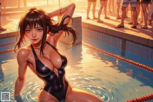 A woman in a bathing suit sitting in a swimming pool.