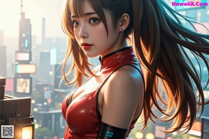 A woman in a red latex outfit standing in the middle of a city.