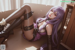A woman with long black hair is sitting on a bed.