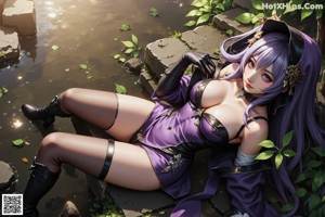 A woman with purple hair and a purple hoodie is posing naked on the beach.