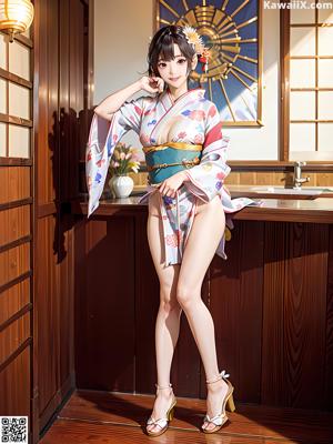 A woman in a pink kimono standing in front of a window.