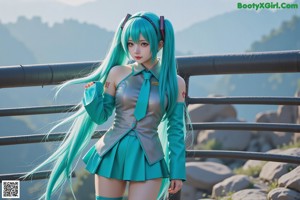 A girl with long blue hair wearing a yellow dress and a green tie.