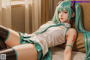 A woman with long blue hair sitting on a chair.