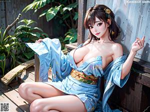 A woman in a yellow and blue kimono sitting on a chair.