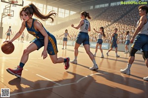 A woman in a blue and yellow uniform shooting a basketball.