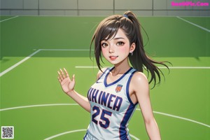 A woman in a basketball uniform posing for a picture.