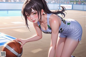 A girl holding a basketball on a basketball court.